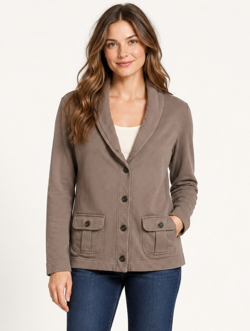 Lands’ End Brown Cotton Shawl Collar Cardigan Jacket XS